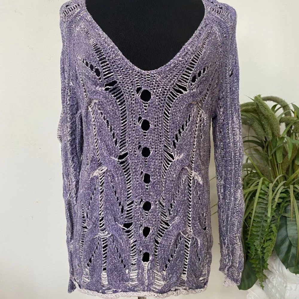 Free People Sweater Perforated Boho Purple Crochet Knit Cotton Blend S